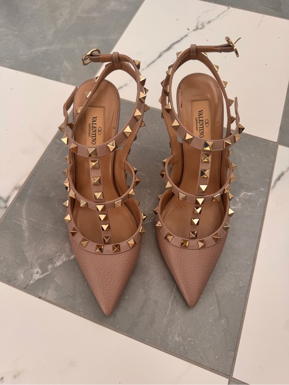 Valentino Blush Leather Rockstud Pointed-Toe T-Strap Pumps